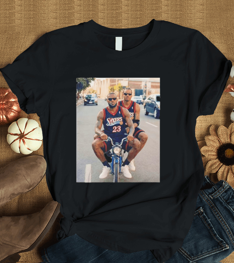 Philadelphia 76ers LeBron James Allen Iverson Duo On Bicycle T-Shirt