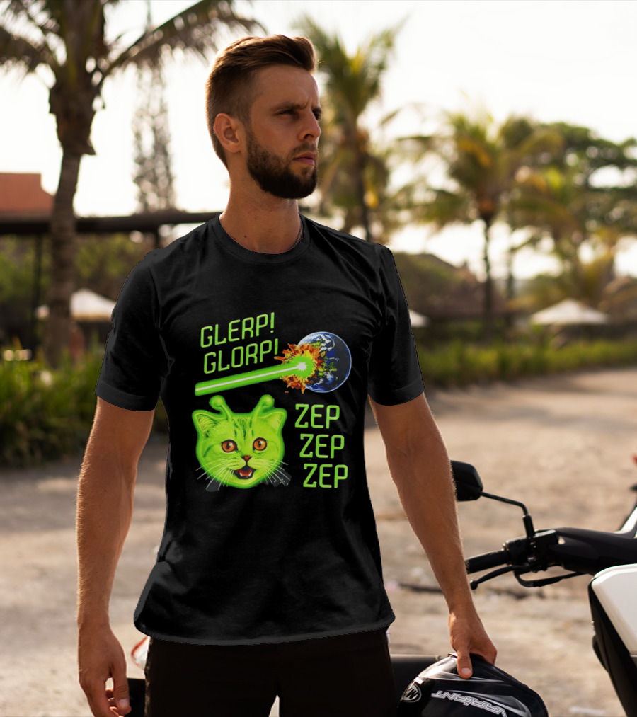 Glerp Glorp Cat Alien Zep Zep Zep Earth Laser Explosion T-Shirt