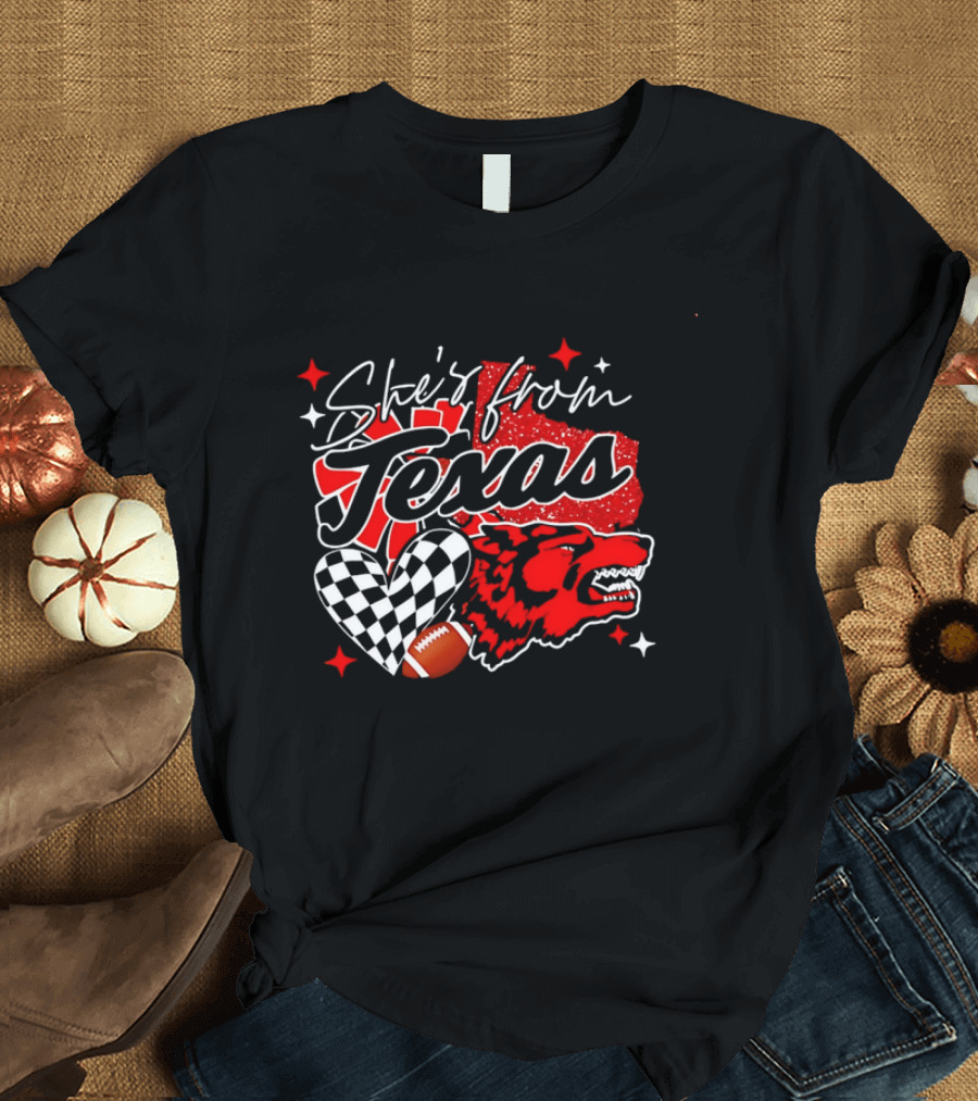 Cheerleading Texas Football Wolf She's From Texas Heart Checkered Ball Stars T-Shirt