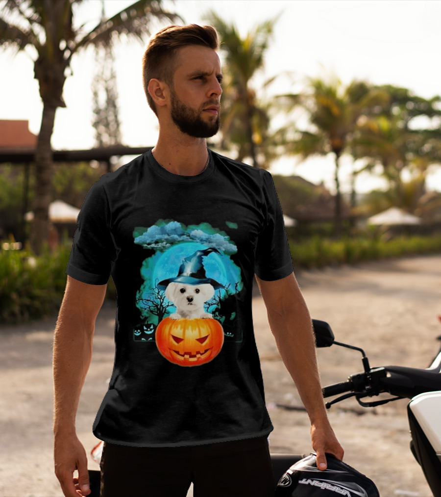 Happy Halloween White Maltese Witch Hat Pumpkin Blue Moon T-Shirt