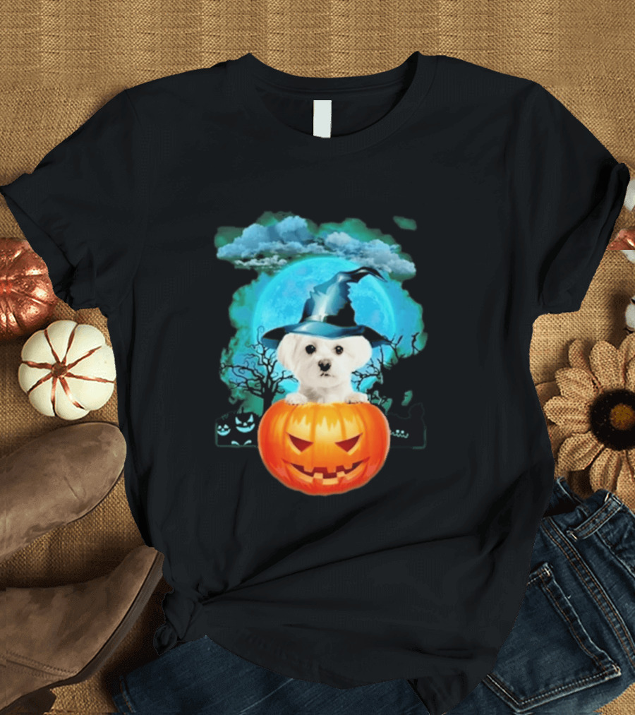 Happy Halloween White Maltese Witch Hat Pumpkin Blue Moon T-Shirt