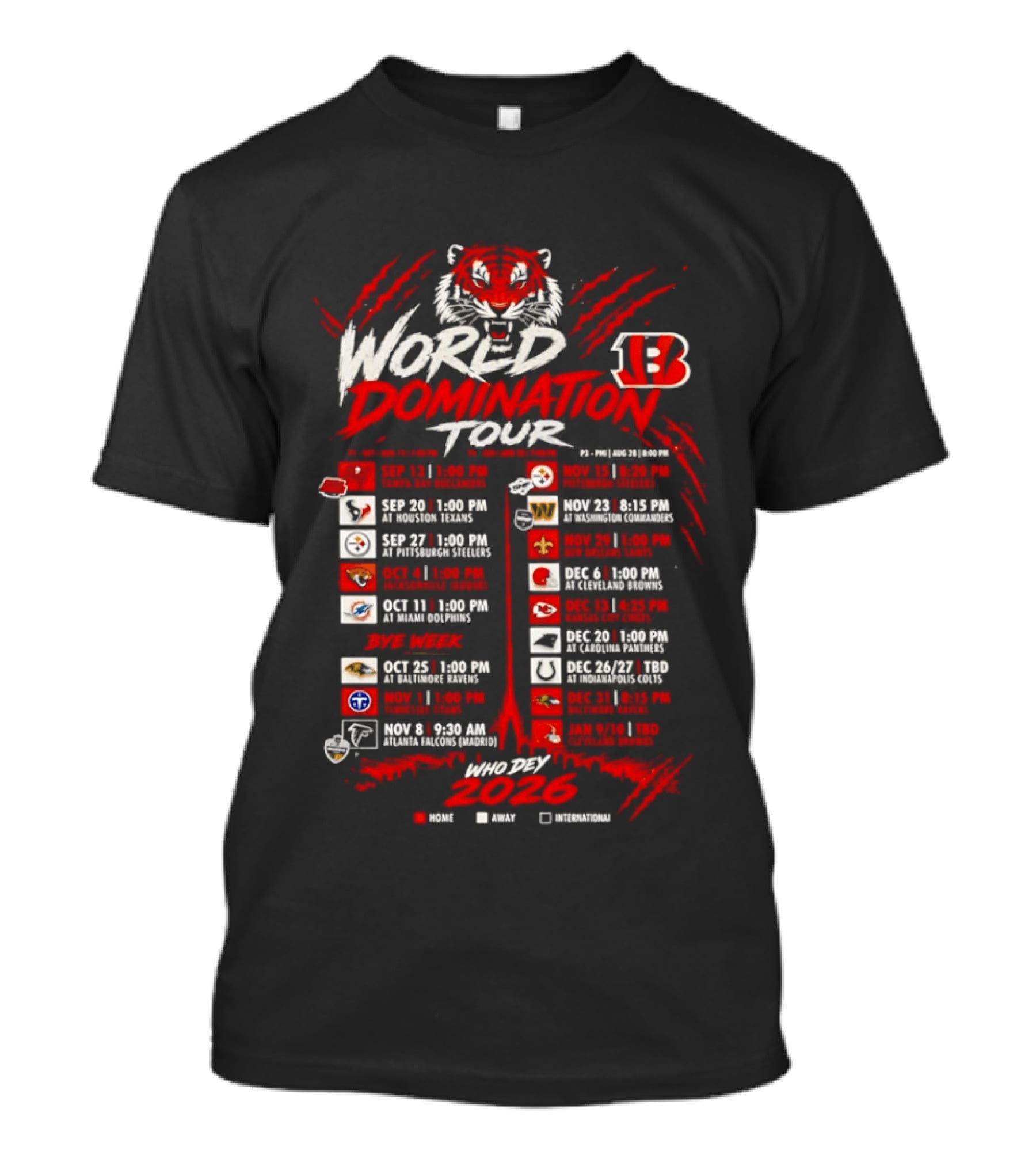 Cincinnati Bengals World Domination Tour 2026 Schedule Featuring Iconic Tiger Graphic And Team Logos T-Shirt