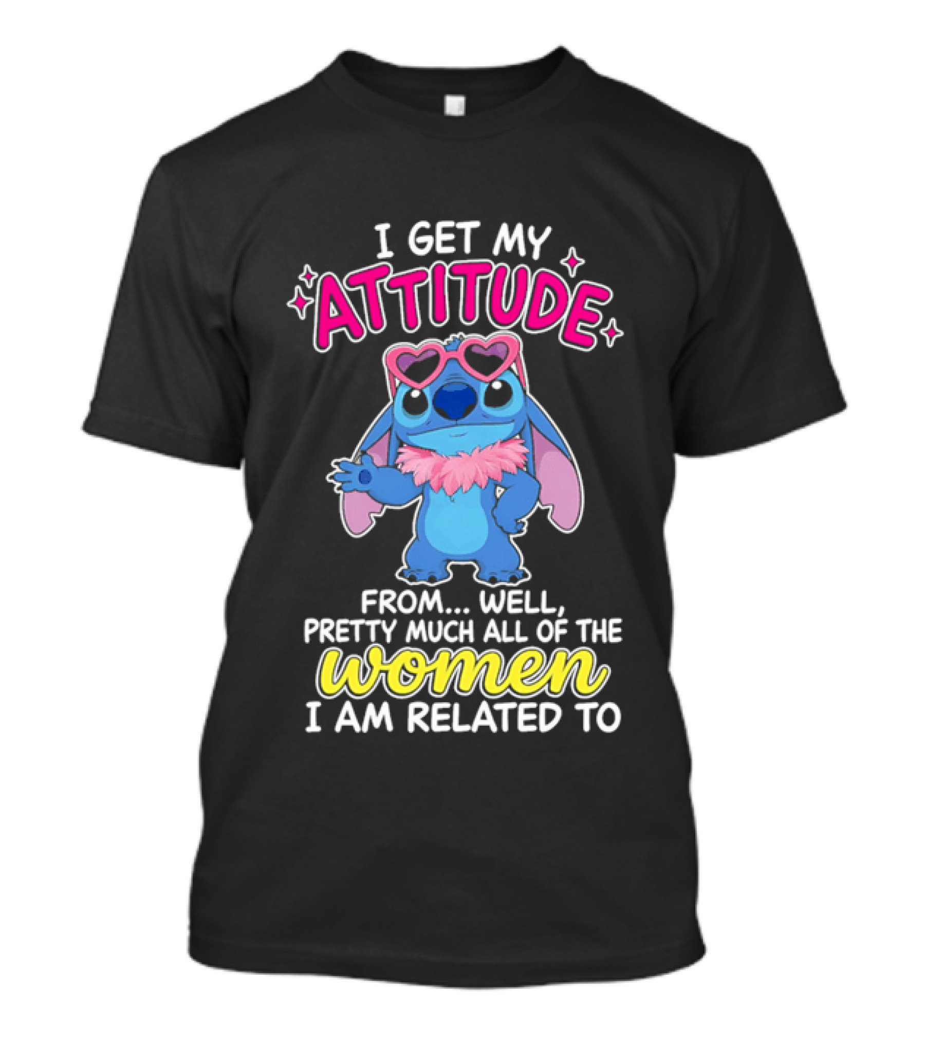 I Get My Attitude From Pretty Much All Of The Women I Am Related To Cute Blue Cartoon Character With Pink Accessories T-Shirt