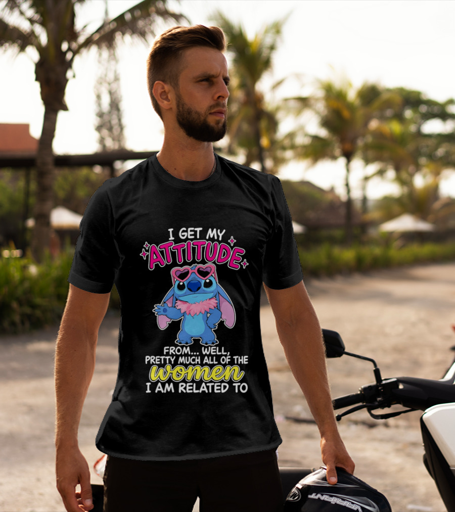 I Get My Attitude From Pretty Much All Of The Women I Am Related To Cute Blue Cartoon Character With Pink Accessories T-Shirt