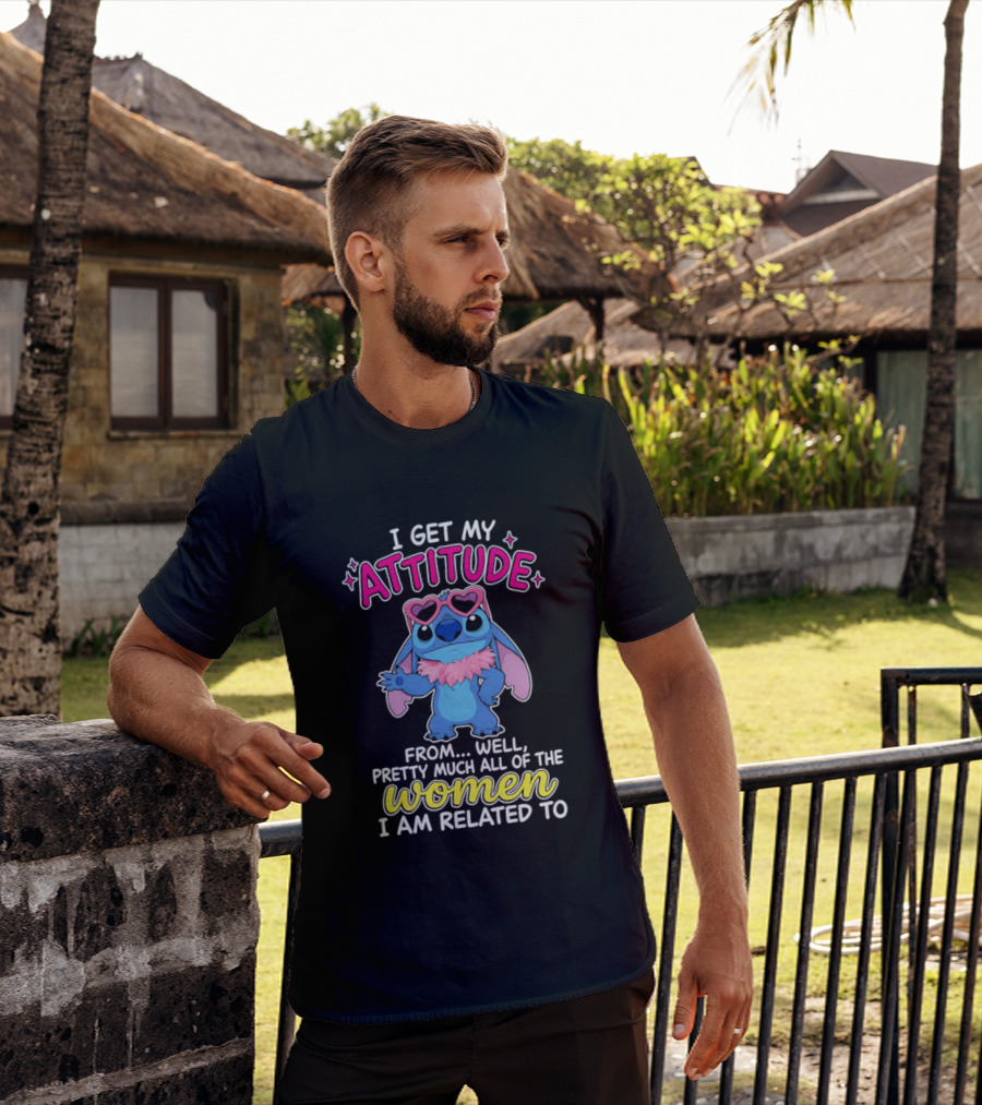 I Get My Attitude From Pretty Much All Of The Women I Am Related To Cute Blue Cartoon Character With Pink Accessories T-Shirt