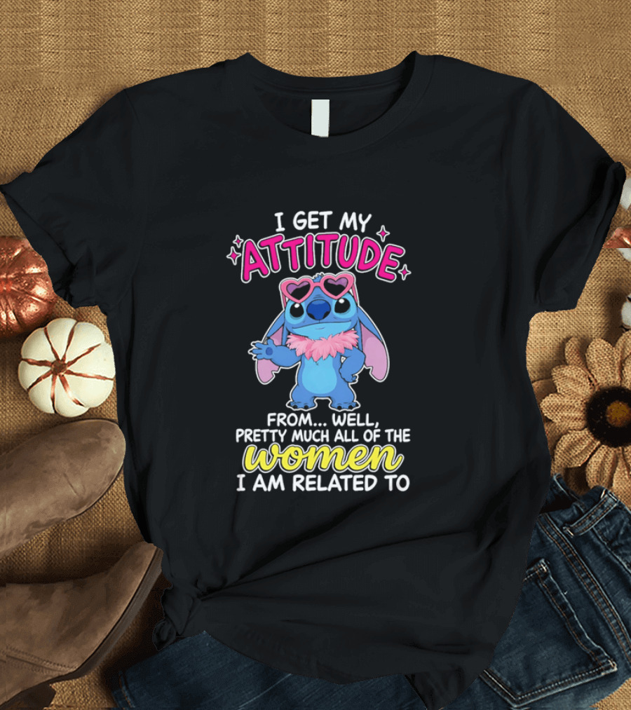 I Get My Attitude From Pretty Much All Of The Women I Am Related To Cute Blue Cartoon Character With Pink Accessories T-Shirt