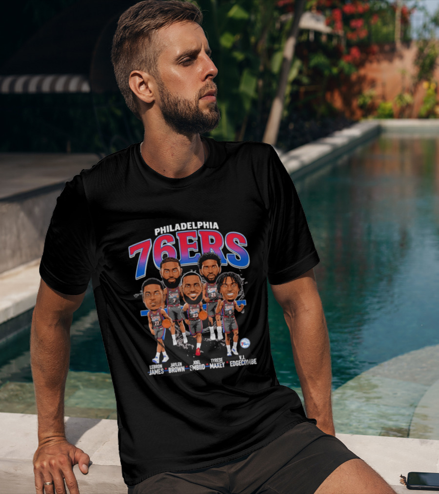 Philadelphia 76ers LeBron James Jaylen Brown Joel Embiid Tyrese Maxey VJ Edgecombe Caricature T-Shirt