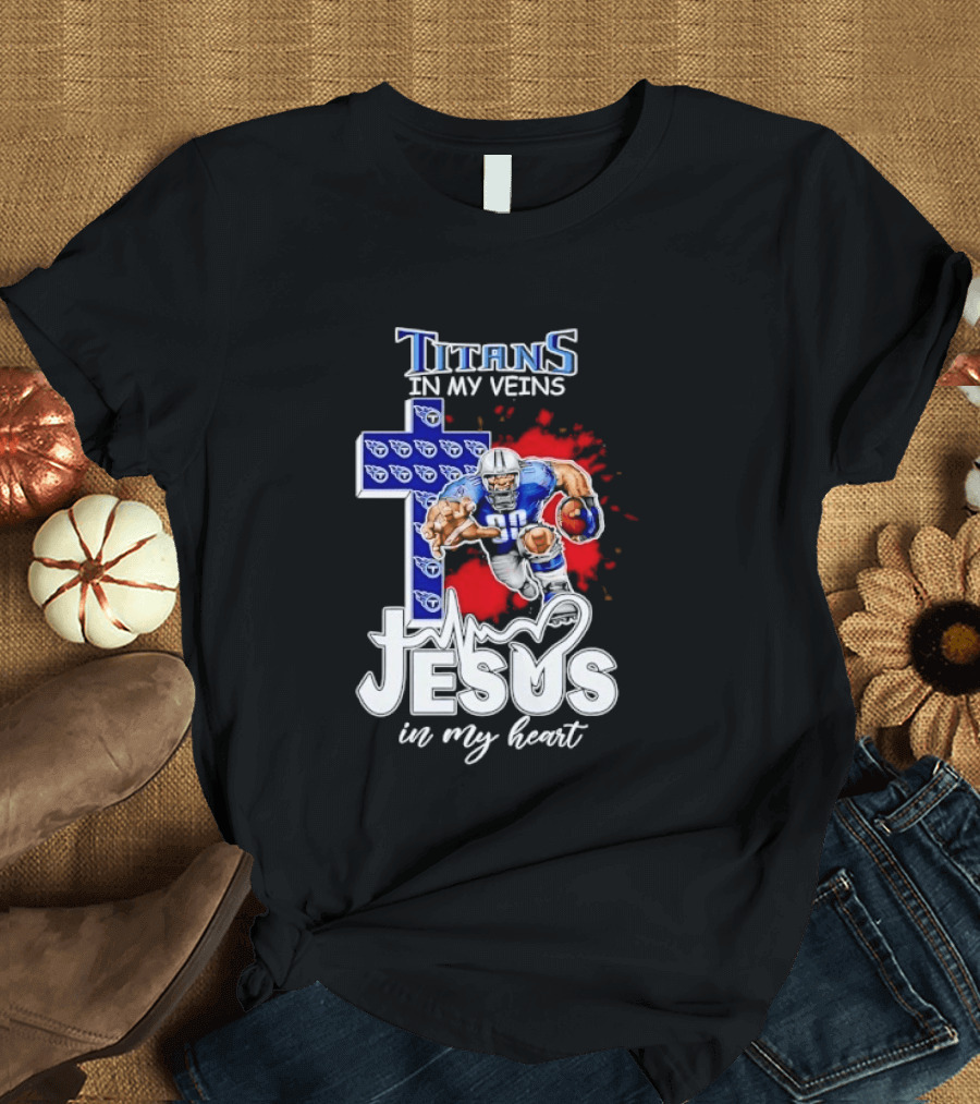 Titans In My Veins Jesus In My Heart Football Player Cross T-Shirt