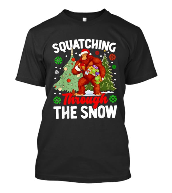 Squatching Through The Snow Bigfoot Christmas Tree Holiday Santa Big Foot T-Shirt