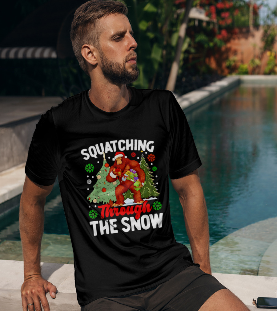 Squatching Through The Snow Bigfoot Christmas Tree Holiday Santa Big Foot T-Shirt
