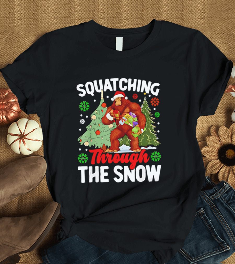 Squatching Through The Snow Bigfoot Christmas Tree Holiday Santa Big Foot T-Shirt