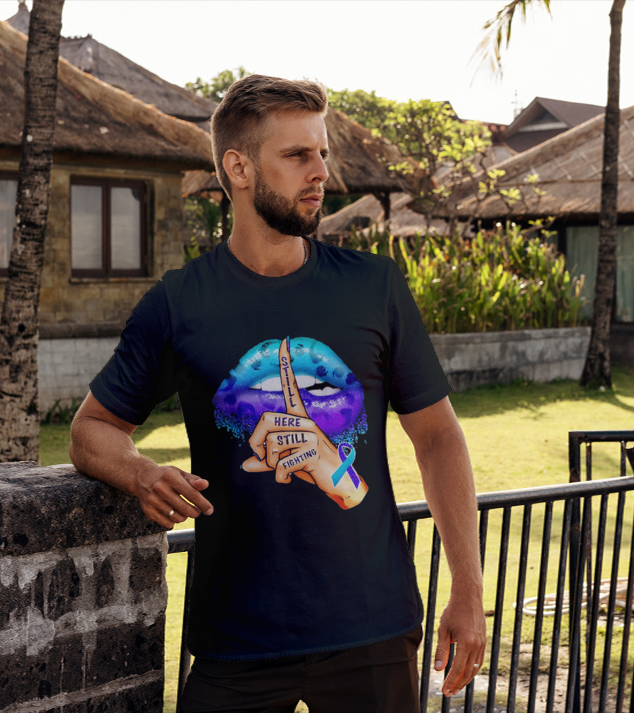 Teal Purple Ribbon Awareness Still Here Still Fighting T-Shirt