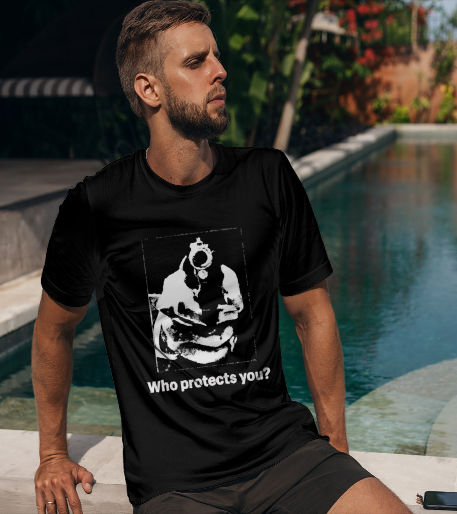 Who Protects You Question With Gun Aimed At Viewer T-Shirt