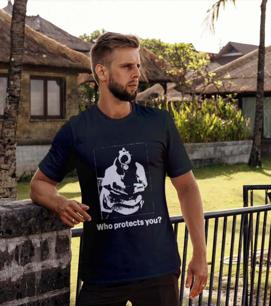 Who Protects You Question With Gun Aimed At Viewer T-Shirt