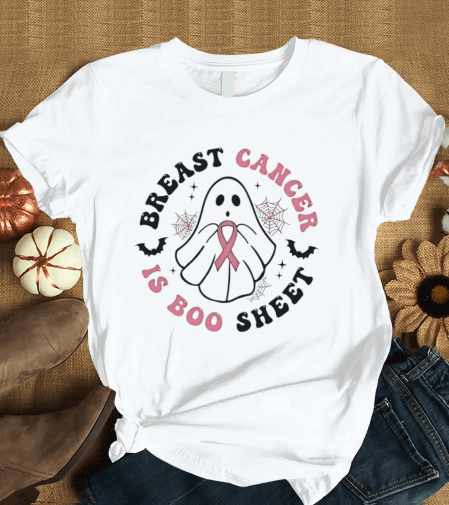 Breast Cancer Awareness Ghost Boo Sheet Ribbon Spooky Webs Bats T-Shirt