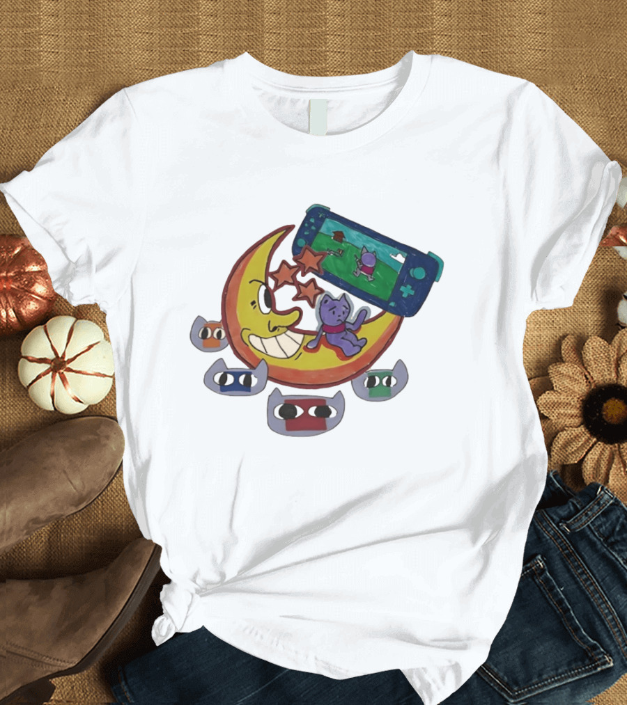 Cartoon Moon And Cat Playing Game With Stars And Colorful Masks T-Shirt
