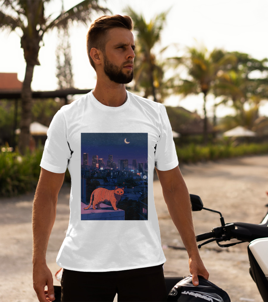 Orange Tabby Cat Under Night Sky Overlooking City Skyline With Crescent Moon T-Shirt
