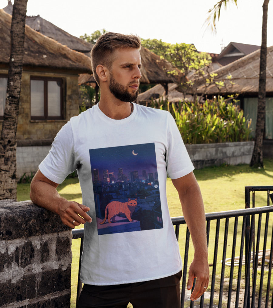 Orange Tabby Cat Under Night Sky Overlooking City Skyline With Crescent Moon T-Shirt