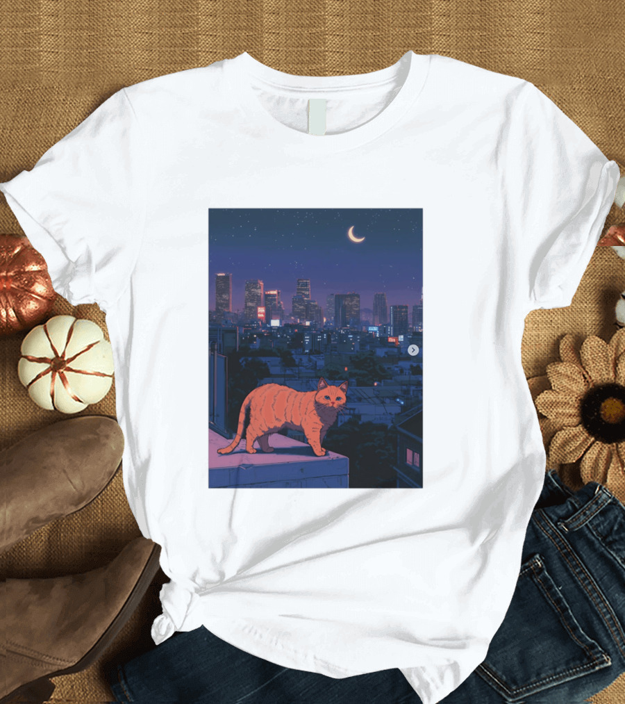 Orange Tabby Cat Under Night Sky Overlooking City Skyline With Crescent Moon T-Shirt