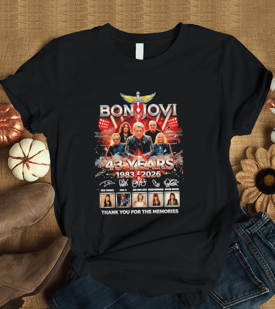 Bon Jovi 43 Years Celebration 1983 2026 Thank You For The Memories Signatures T-Shirt