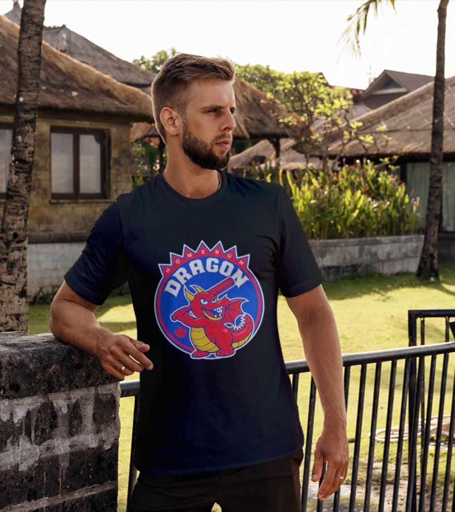 Home Run Dragon Baseball Batting Red Maple Leaf T-Shirt