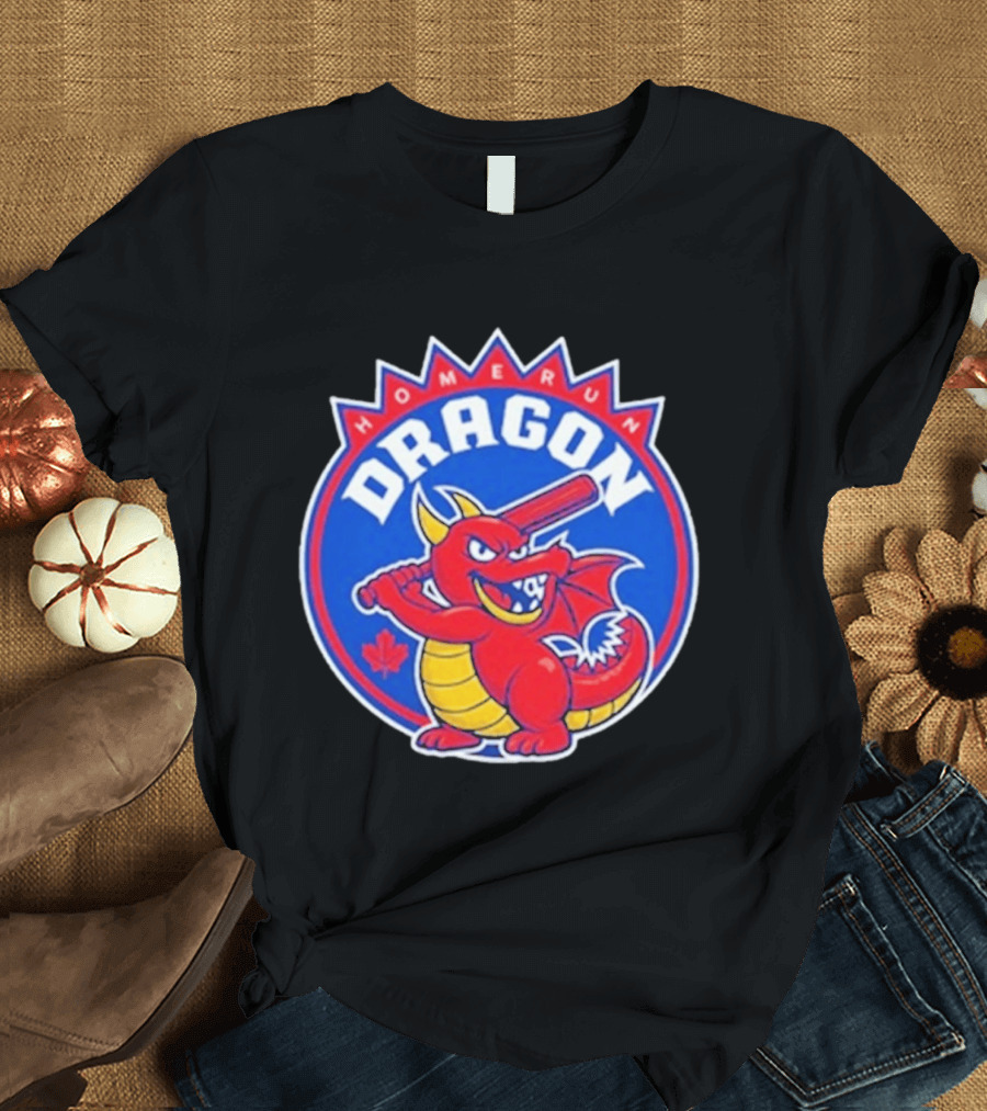 Home Run Dragon Baseball Batting Red Maple Leaf T-Shirt
