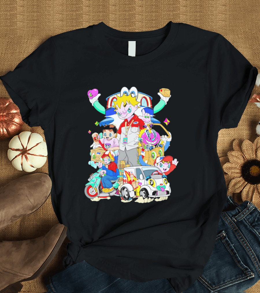 JNE Express Delivery Cartoon Characters And Van Fun Anime T-Shirt