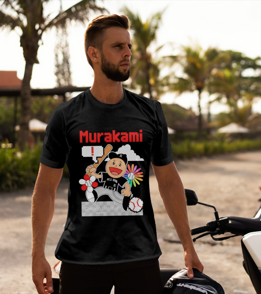 Murakami Chicago Baseball IPlayers Animated Character Flower Motif T-Shirt