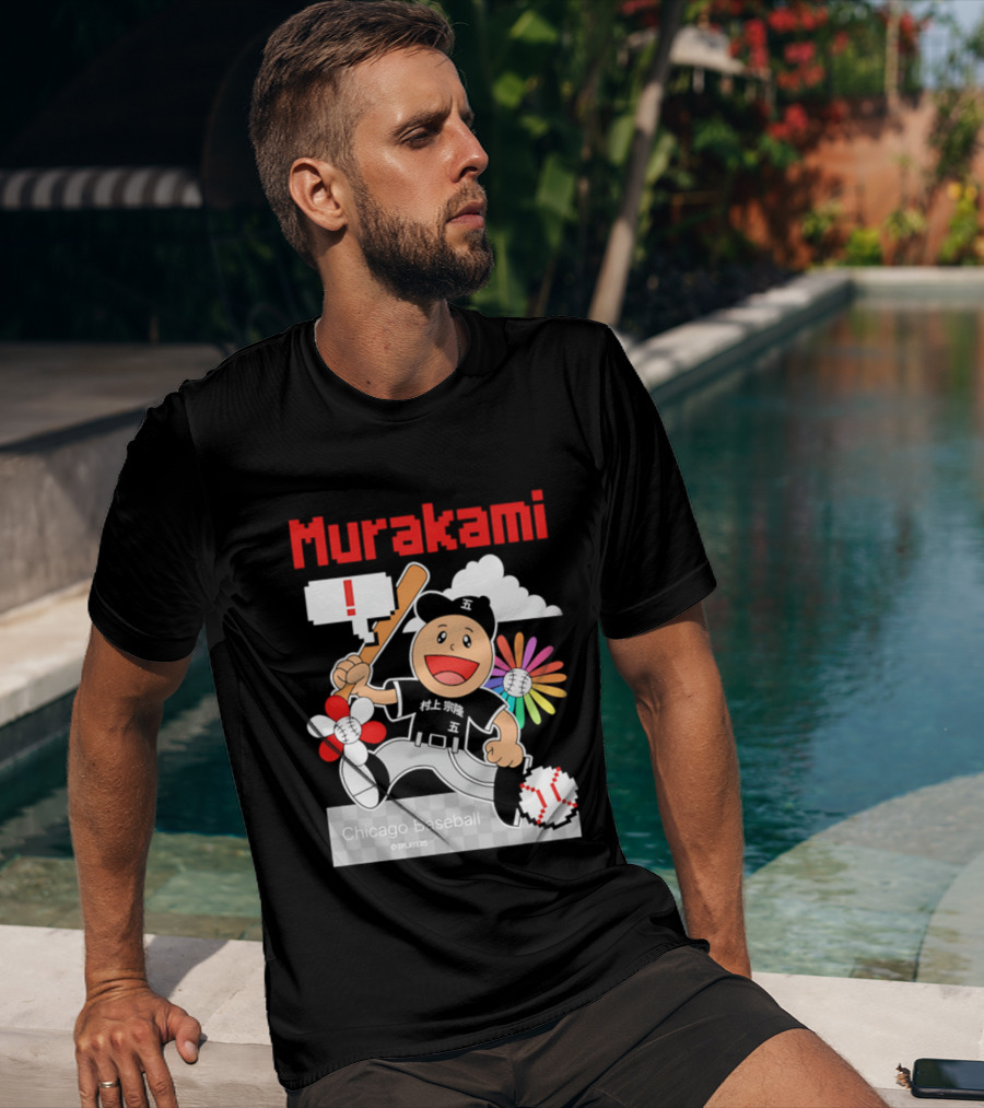 Murakami Chicago Baseball IPlayers Animated Character Flower Motif T-Shirt