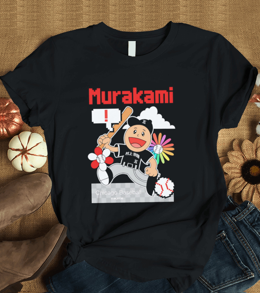 Murakami Chicago Baseball IPlayers Animated Character Flower Motif T-Shirt