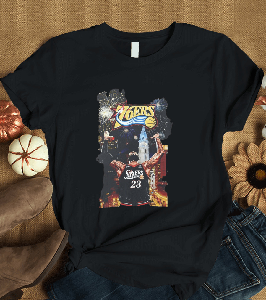 Philadelphia 76ers NBA Basketball 23 Cityscape Fireworks T-Shirt