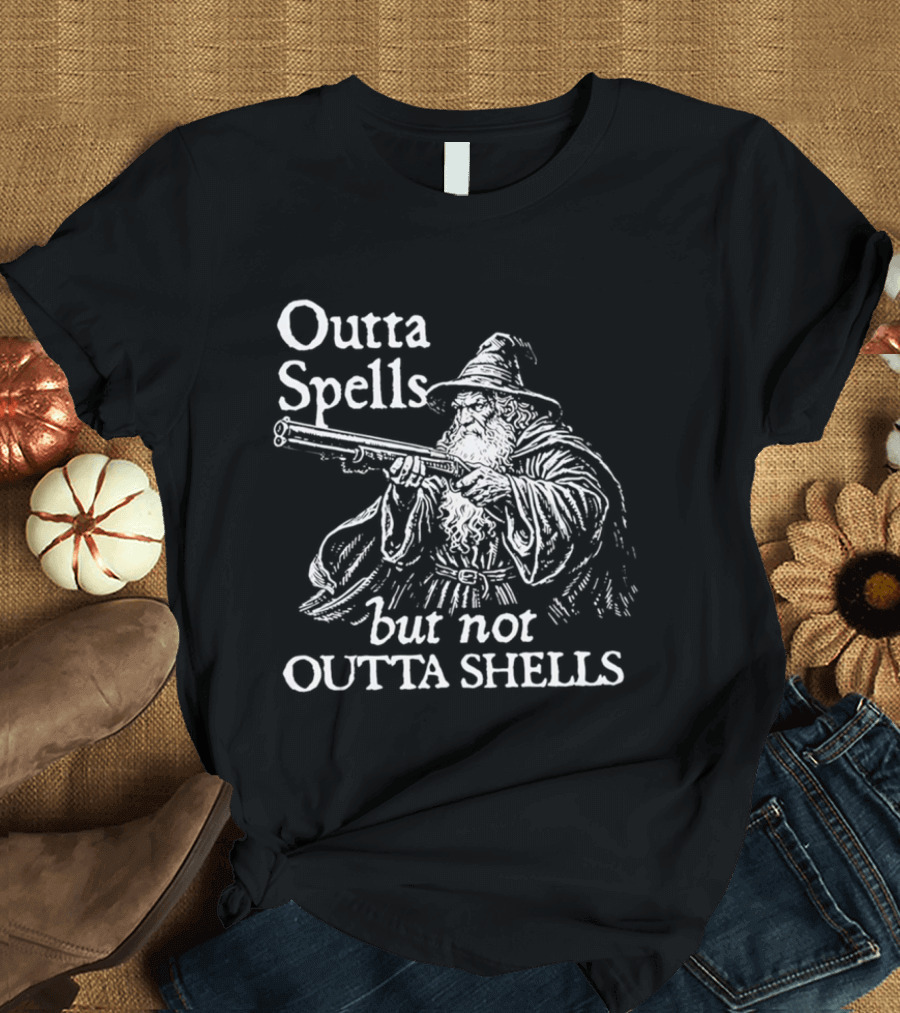 Outta Spells But Not Outta Shells Wizard With Gun Magic T-Shirt
