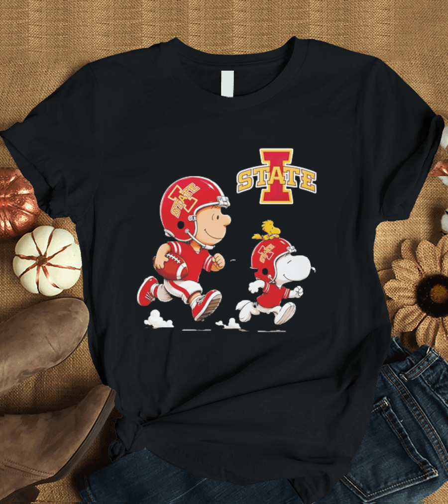 Peanuts Charlie Brown Snoopy Woodstock Running Football Iowa State T-Shirt