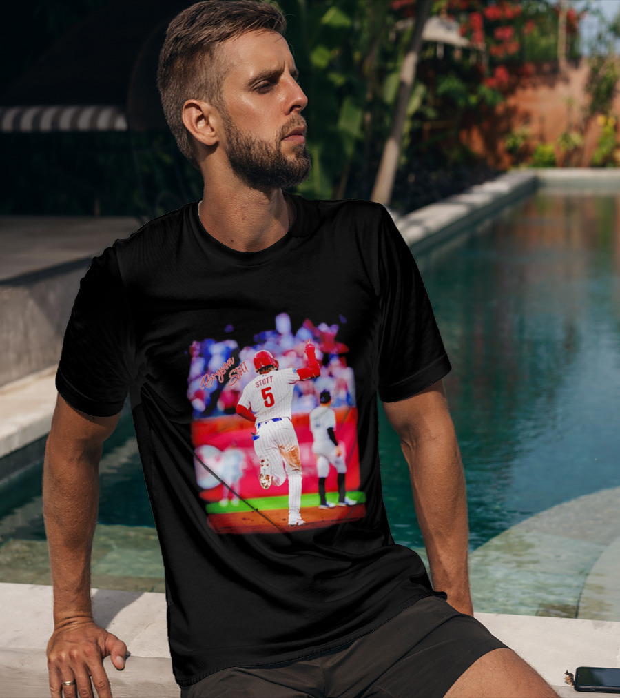 Philadelphia Phillies Bryson Stott 5 Baseball Game Action T-Shirt