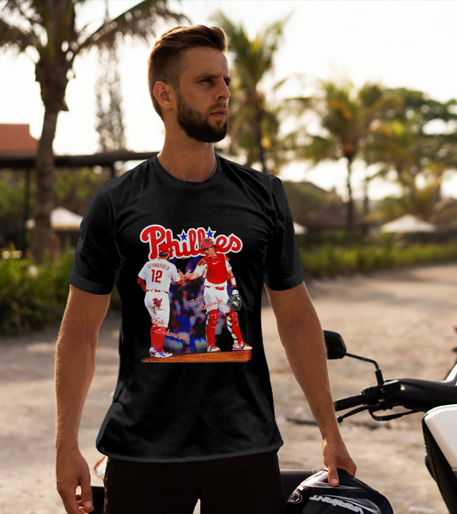Philadelphia Phillies Kyle Schwarber J Realmuto 12 Catcher Handshake T-Shirt