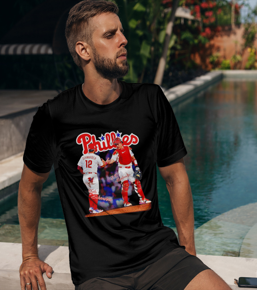 Philadelphia Phillies Kyle Schwarber J Realmuto 12 Catcher Handshake T-Shirt