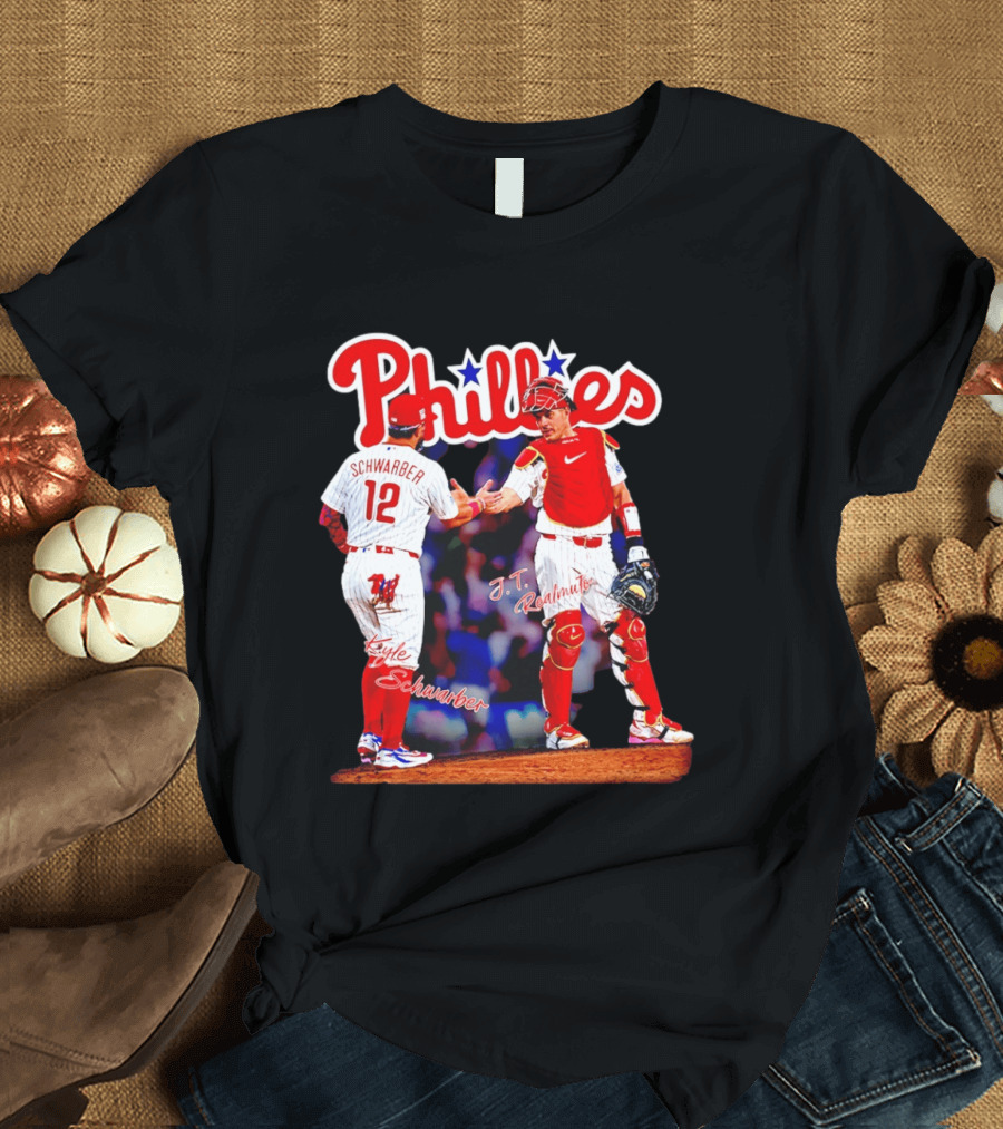 Philadelphia Phillies Kyle Schwarber J Realmuto 12 Catcher Handshake T-Shirt