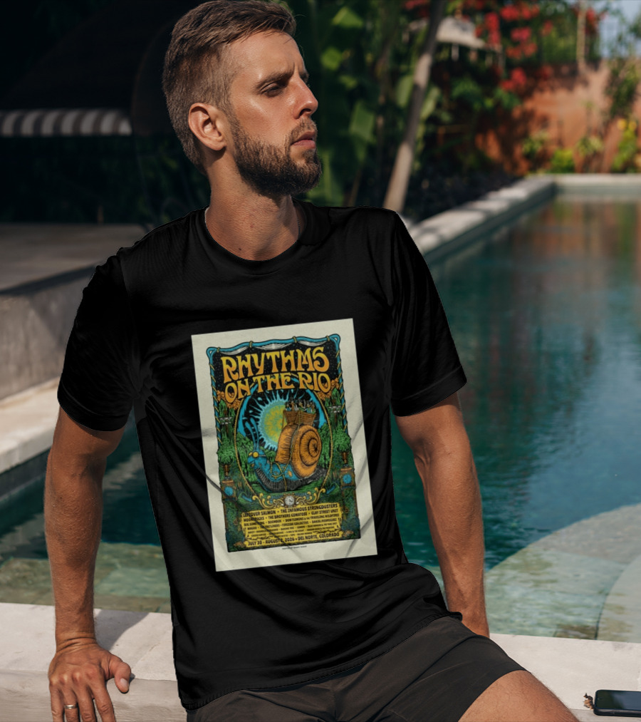 Rhythms On The Rio July 30 August 2 2026 Del Norte Colorado Leftover Salmon The Infamous Stringdusters T-Shirt
