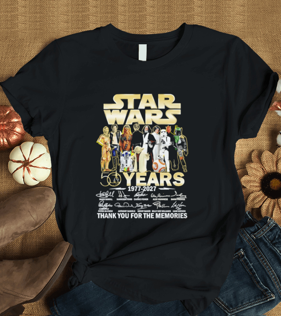 Star Wars 50 Years 1977 2027 Thank You For The Memories Cast Signatures T-Shirt