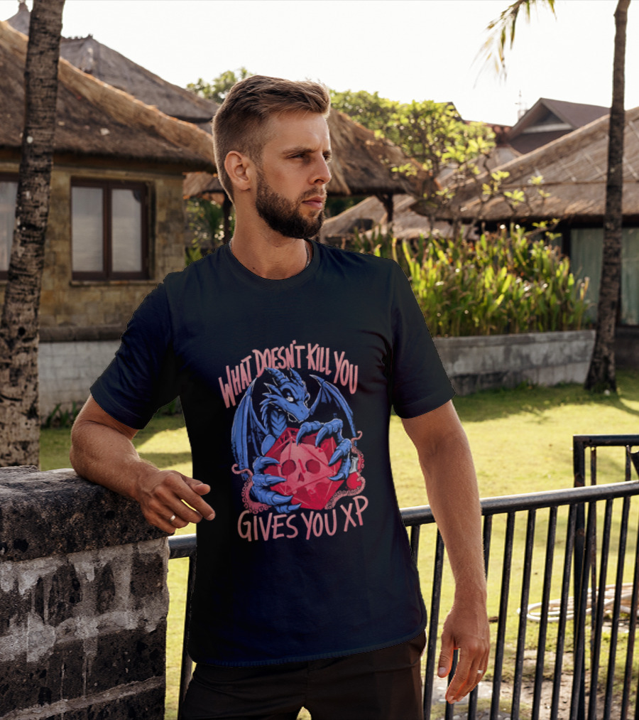 What Doesn't Kill You Gives You XP Blue Dragon Holding Red D20 Skull T-Shirt