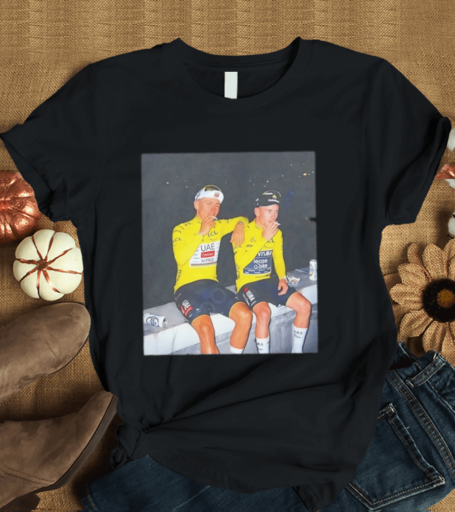 Tadej Pogačar Jonas Vingegaard Smoking LCL UAE Team Emirates Jumbo Visma Yellow Jersey T-Shirt