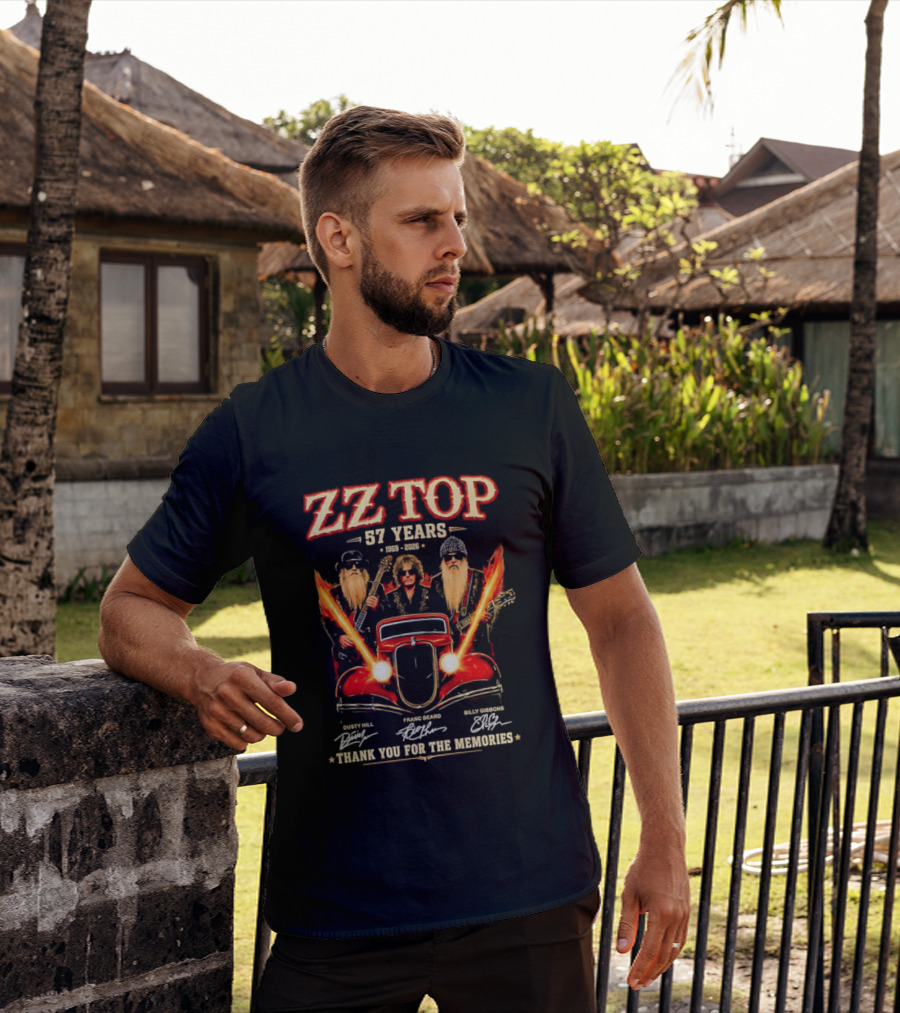 ZZ Top 57 Years 1969 2026 Dusty Hill Franc Beard Billy Gibbons Thank You For The Memories Classic Car And Guitars T-Shirt