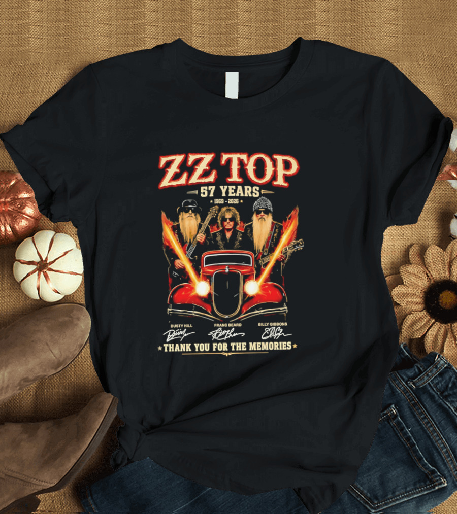 ZZ Top 57 Years 1969 2026 Dusty Hill Franc Beard Billy Gibbons Thank You For The Memories Classic Car And Guitars T-Shirt