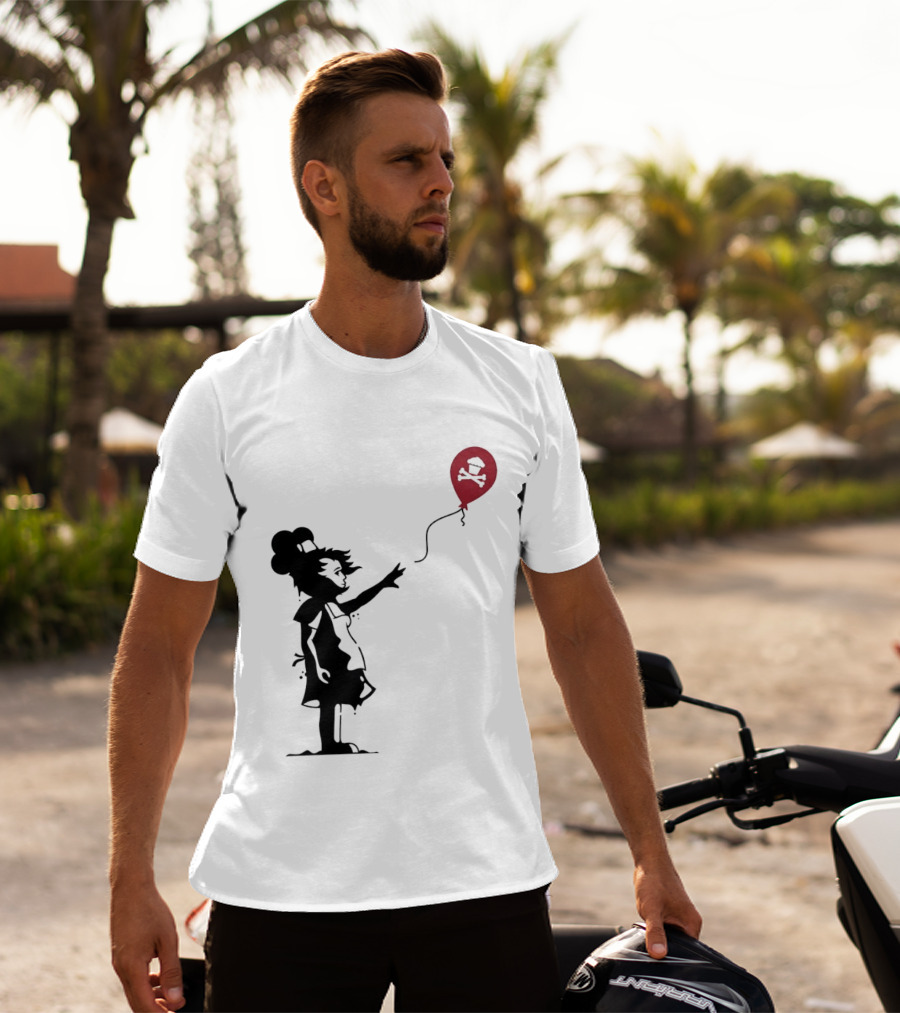 Baker Reaching For Cupcake And Crossbones Balloon Black Silhouette On Red T-Shirt