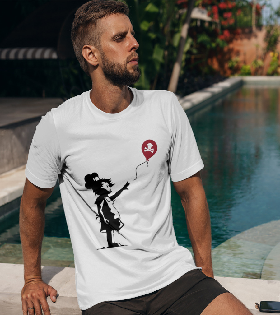 Baker Reaching For Cupcake And Crossbones Balloon Black Silhouette On Red T-Shirt