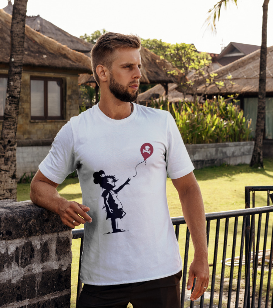 Baker Reaching For Cupcake And Crossbones Balloon Black Silhouette On Red T-Shirt