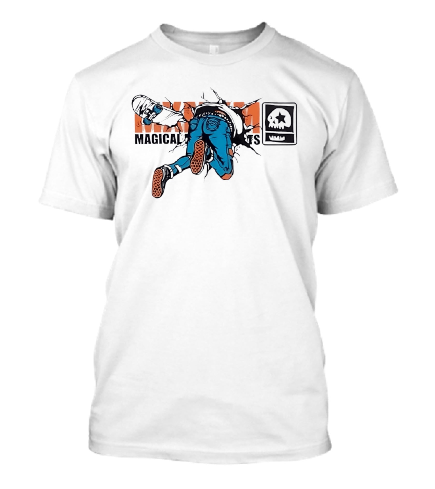 Magical Skateboarder Crashing Through Wall Skull Jeans Brick Wall T-Shirt