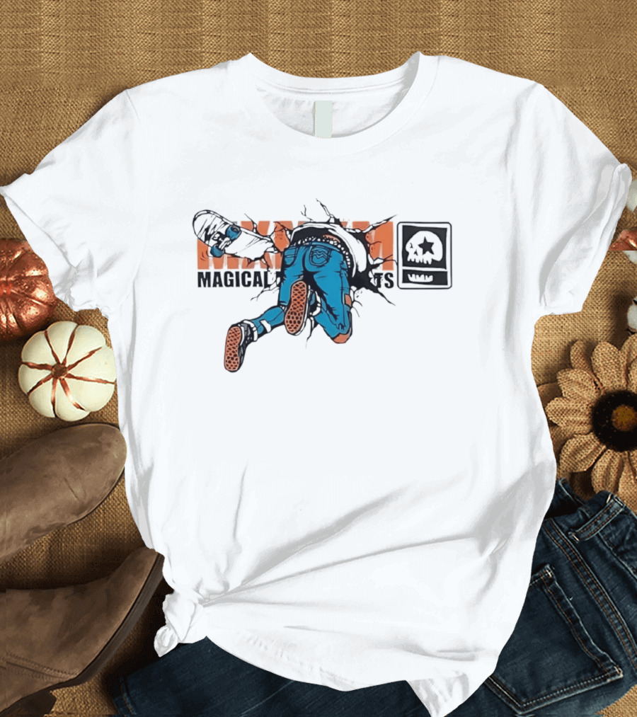 Magical Skateboarder Crashing Through Wall Skull Jeans Brick Wall T-Shirt