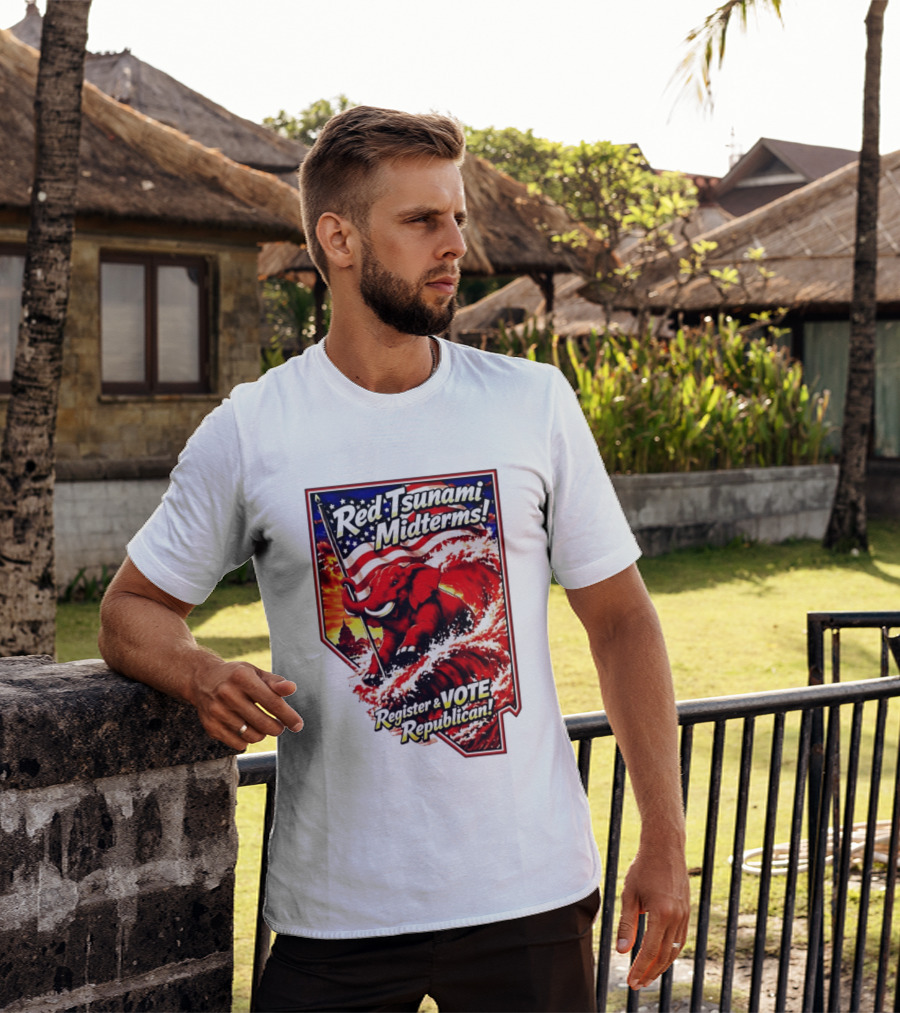 Red Tsunami Midterms Register And Vote Republican Political Elephant With American Flag T-Shirt