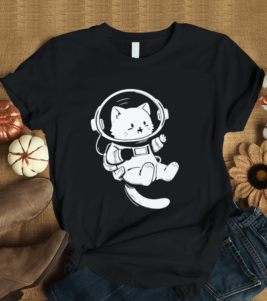 Astronaut Cat Floating In Space Suit Cosmic Adventure T-Shirt